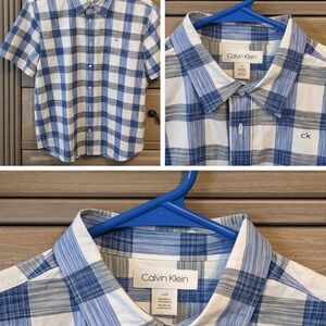 Calvin Klein Men's White and Blue Checkered Shirt